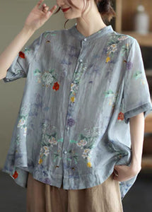 Elegant Colorful hearts Stand Collar Print Tops Half Sleeve