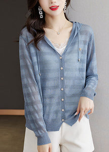 Elegant Blue Striped Patchwork Drawstring Hooded Ice Size Knit Cardigan Long Sleeve