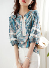 Load image into Gallery viewer, Elegant Blue V Neck Print Lace Patchwork Chiffon Shirt Top Summer