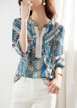 Load image into Gallery viewer, Elegant Blue V Neck Print Lace Patchwork Chiffon Shirt Top Summer