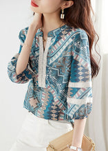 Load image into Gallery viewer, Elegant Blue V Neck Print Lace Patchwork Chiffon Shirt Top Summer