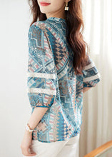 Load image into Gallery viewer, Elegant Blue V Neck Print Lace Patchwork Chiffon Shirt Top Summer