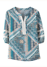 Load image into Gallery viewer, Elegant Blue V Neck Print Lace Patchwork Chiffon Shirt Top Summer