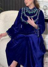 Load image into Gallery viewer, Elegant Blue Zippered Zircon Silk Velvet Long Dress Long Sleeve