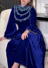 Load image into Gallery viewer, Elegant Blue Zippered Zircon Silk Velvet Long Dress Long Sleeve