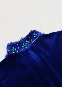 Elegant Blue Zippered Zircon Silk Velvet Long Dress Long Sleeve