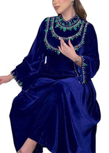 Load image into Gallery viewer, Elegant Blue Zippered Zircon Silk Velvet Long Dress Long Sleeve