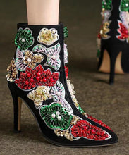 Load image into Gallery viewer, Elegant Boho Black Embroidered Nail Bead Short Boots Stiletto Sheepskin