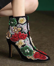 Load image into Gallery viewer, Elegant Boho Black Embroidered Nail Bead Short Boots Stiletto Sheepskin