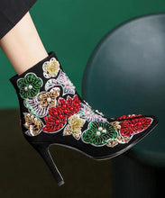 Load image into Gallery viewer, Elegant Boho Black Embroidered Nail Bead Short Boots Stiletto Sheepskin