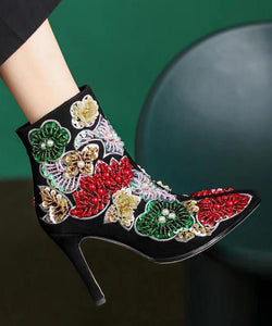 Elegant Boho Black Embroidered Nail Bead Short Boots Stiletto Sheepskin