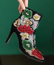 Load image into Gallery viewer, Elegant Boho Black Embroidered Nail Bead Short Boots Stiletto Sheepskin