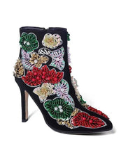 Load image into Gallery viewer, Elegant Boho Black Embroidered Nail Bead Short Boots Stiletto Sheepskin