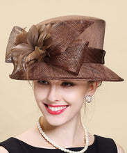 Load image into Gallery viewer, Elegant Brown Bow Feather Linen Bucket Hat