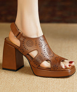 Elegant Brown Peep Toe Hollow Out Cowhide Leather Platform Chunky Sandals