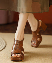 Load image into Gallery viewer, Elegant Brown Peep Toe Hollow Out Cowhide Leather Platform Chunky Sandals