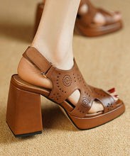 Load image into Gallery viewer, Elegant Brown Peep Toe Hollow Out Cowhide Leather Platform Chunky Sandals