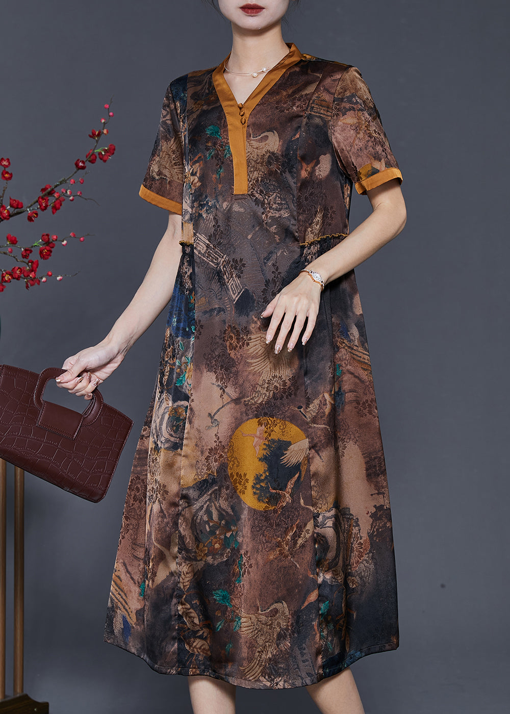 Elegant Brown Print Silm Fit Silk Long Dress Summer