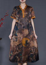 Load image into Gallery viewer, Elegant Brown Print Silm Fit Silk Long Dress Summer