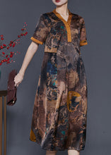 Load image into Gallery viewer, Elegant Brown Print Silm Fit Silk Long Dress Summer