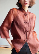 Load image into Gallery viewer, Elegant Brown Stand Collar Button Print Silk Blouses Summer