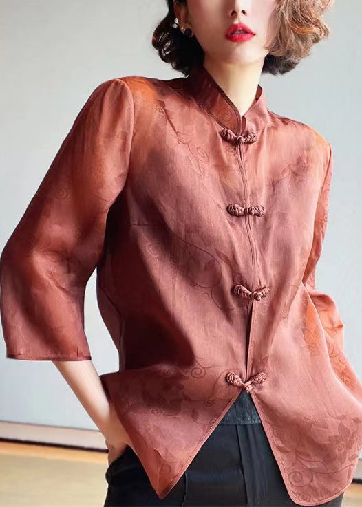 Elegant Brown Stand Collar Button Print Silk Blouses Summer