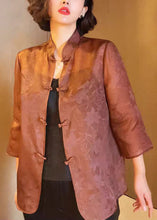 Load image into Gallery viewer, Elegant Brown Stand Collar Button Print Silk Blouses Summer