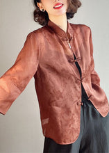 Load image into Gallery viewer, Elegant Brown Stand Collar Button Print Silk Blouses Summer