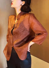 Load image into Gallery viewer, Elegant Brown Stand Collar Button Print Silk Blouses Summer