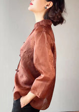 Load image into Gallery viewer, Elegant Brown Stand Collar Button Print Silk Blouses Summer