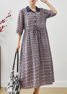 Elegant Cinched Print Cotton Long Dress Half Sleeve