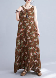 Elegant Coffee O-Neck Print Linen Beach Dresses Sleeveless