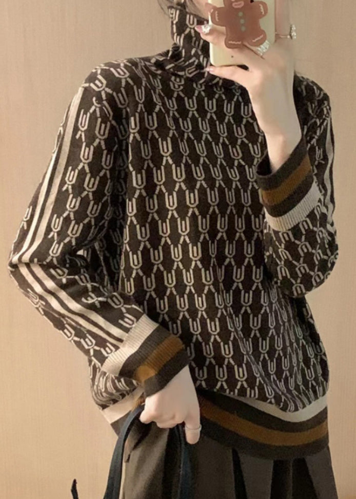 Elegant Coffee Striped Print Patchwork Woolen Sweaters Fall