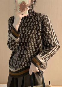 Elegant Coffee Striped Print Patchwork Woolen Sweaters Fall