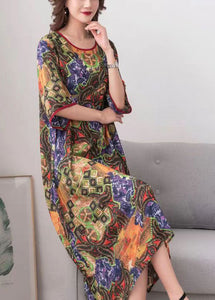 Elegant Colorblock O Neck Print Patchwork Chiffon Dress Summer