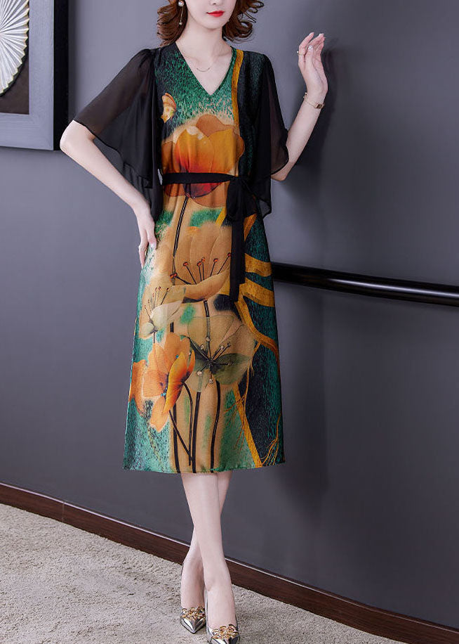 Elegant Colorblock V Neck Patchwork Print Silk Dresses Summer