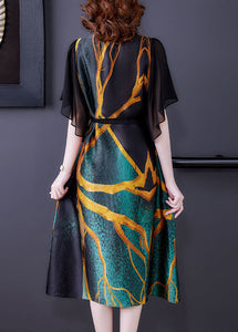 Elegant Colorblock V Neck Patchwork Print Silk Dresses Summer