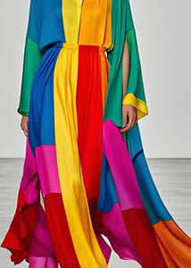 Elegant Colorblock V Neck Silk Women Dress Long Sleeve