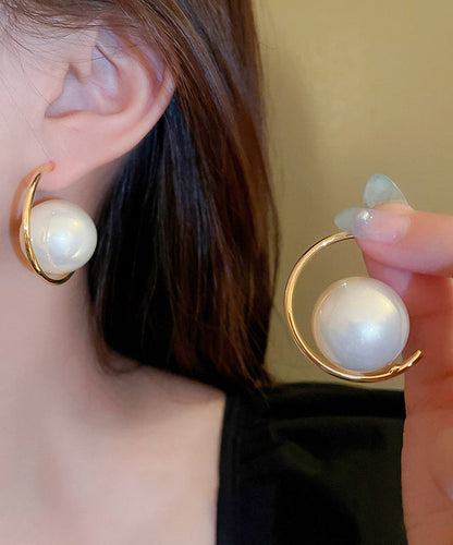 Elegant Gold Sterling Silver Alloy Pearl Hoop Earrings