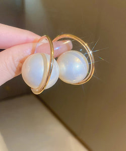 Elegant Gold Sterling Silver Alloy Pearl Hoop Earrings