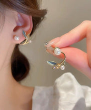 Load image into Gallery viewer, Elegant Gold Sterling Silver Alloy Zircon Pearl Leaves Hoop Earrings