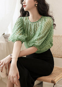 Elegant Green O Neck Print Chiffon Two Pieces Set Half Sleeve