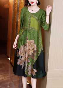 Elegant Green O Neck Print Patchwork Silk Long Dresses Spring