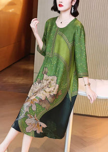 Elegant Green O Neck Print Patchwork Silk Long Dresses Spring