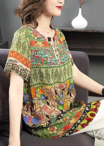 Elegant Green O Neck Print Patchwork Silk Shirt Tops Summer