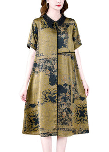 Elegant Green Peter Pan Collar Print Silk Dress Summer