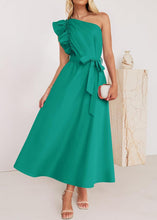 Load image into Gallery viewer, Elegant Green Ruffled Tie Waist Cotton Long Dress Summer