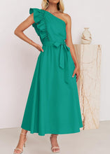 Load image into Gallery viewer, Elegant Green Ruffled Tie Waist Cotton Long Dress Summer