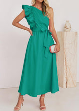 Load image into Gallery viewer, Elegant Green Ruffled Tie Waist Cotton Long Dress Summer