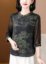 Load image into Gallery viewer, Elegant Green Stand Collar Print Silk Top Half Sleeve